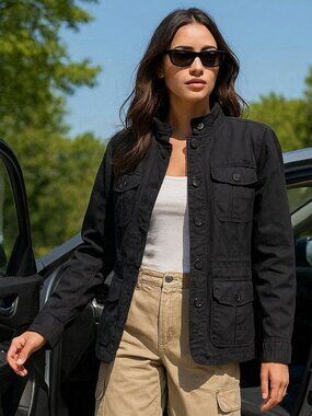 Warehouse One Womens Sz L Blu Black Cotton Utility Jacket Military Safari Cargo
